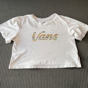 Vans Womens White Striped Logo Graphic Crop Top T-Shirt Size XL